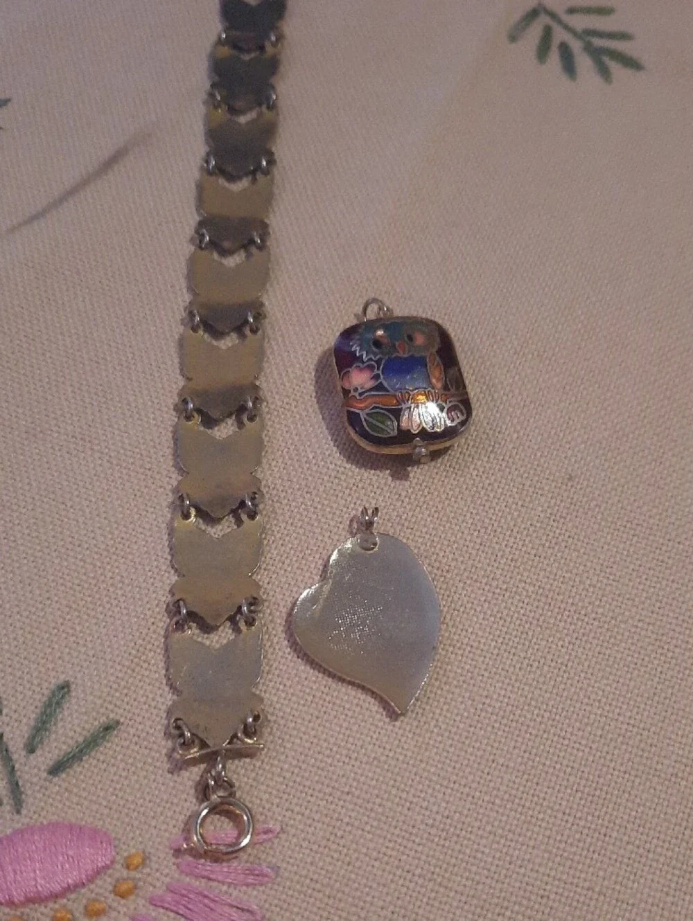 Red and White Floral Enamel Bracelet with Red Owl and Heart Enamel Pendants